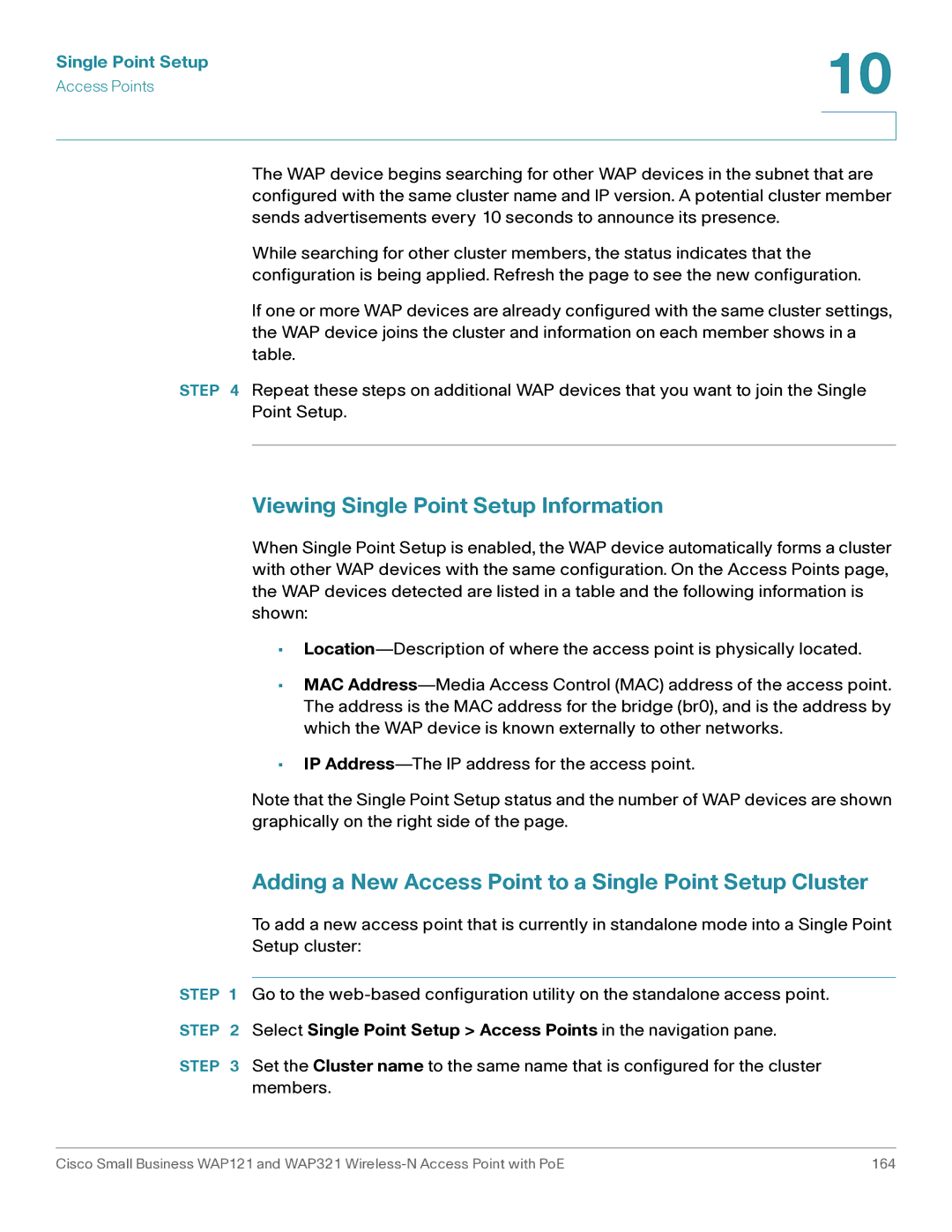 Cisco Systems WAP121 Viewing Single Point Setup Information, Adding a New Access Point to a Single Point Setup Cluster 