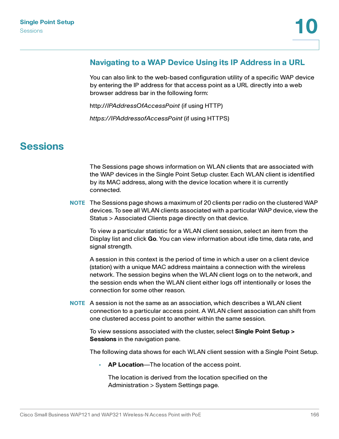 Cisco Systems WAP121, WAP321 manual Sessions, Navigating to a WAP Device Using its IP Address in a URL 