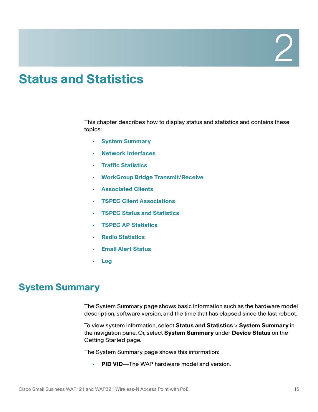 Cisco Systems WAP321, WAP121 manual Status and Statistics, System Summary 