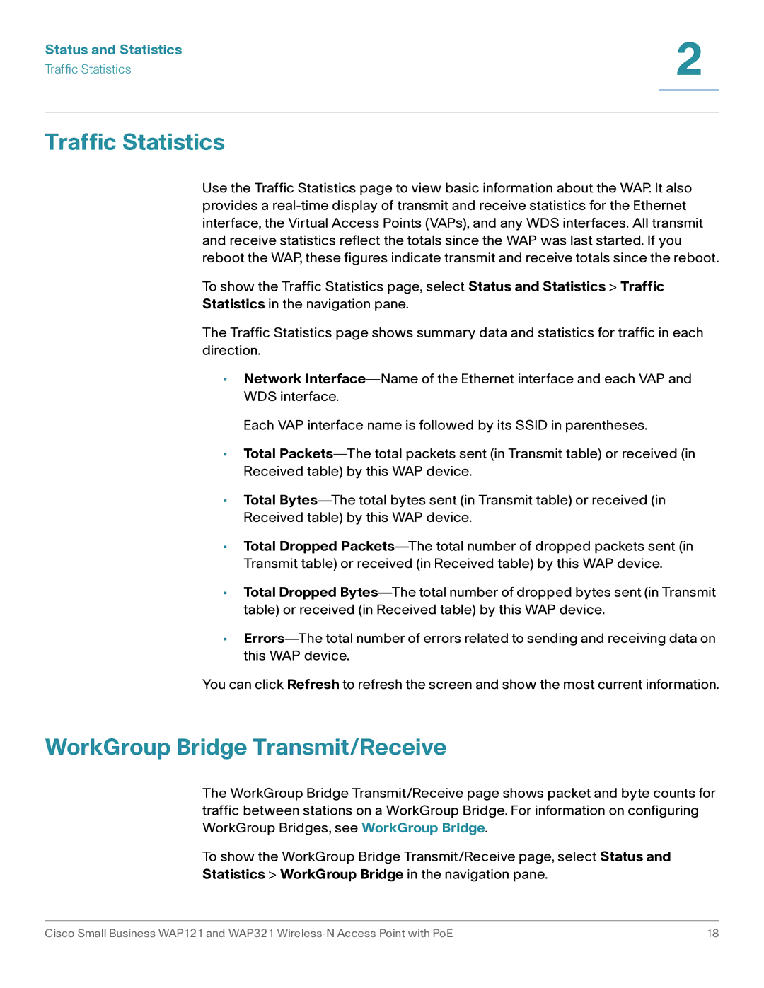 Cisco Systems WAP121, WAP321 manual Traffic Statistics, WorkGroup Bridge Transmit/Receive 