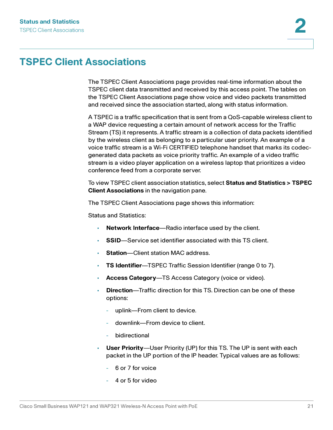 Cisco Systems WAP321, WAP121 manual Tspec Client Associations 