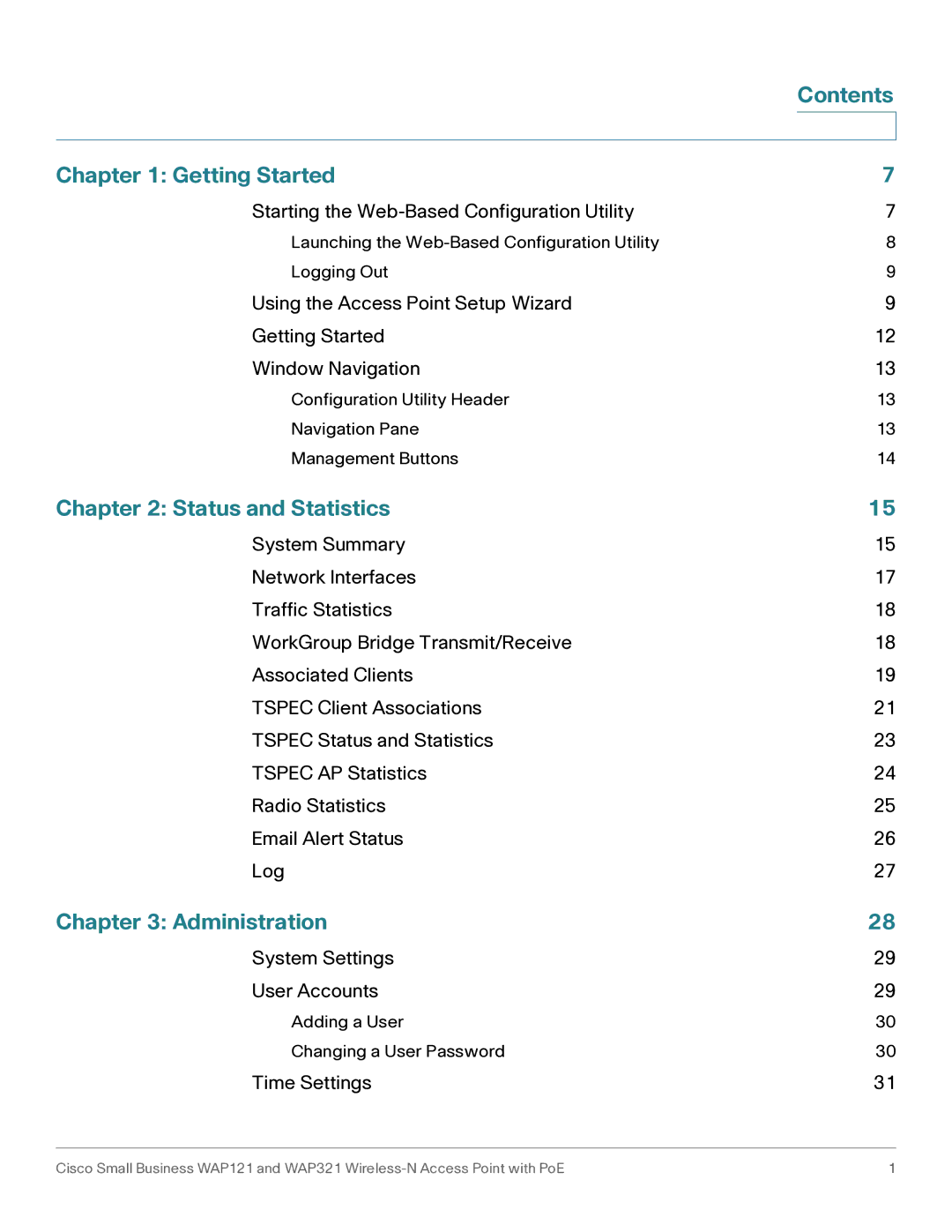 Cisco Systems WAP321, WAP121 manual Contents Getting Started, Status and Statistics, Administration 