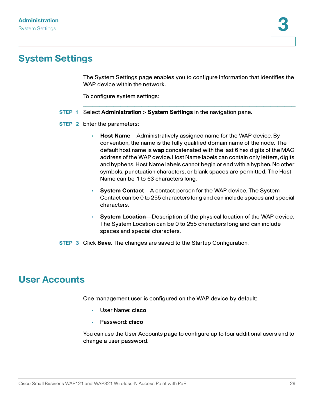 Cisco Systems WAP321, WAP121 manual System Settings, User Accounts, Administration 