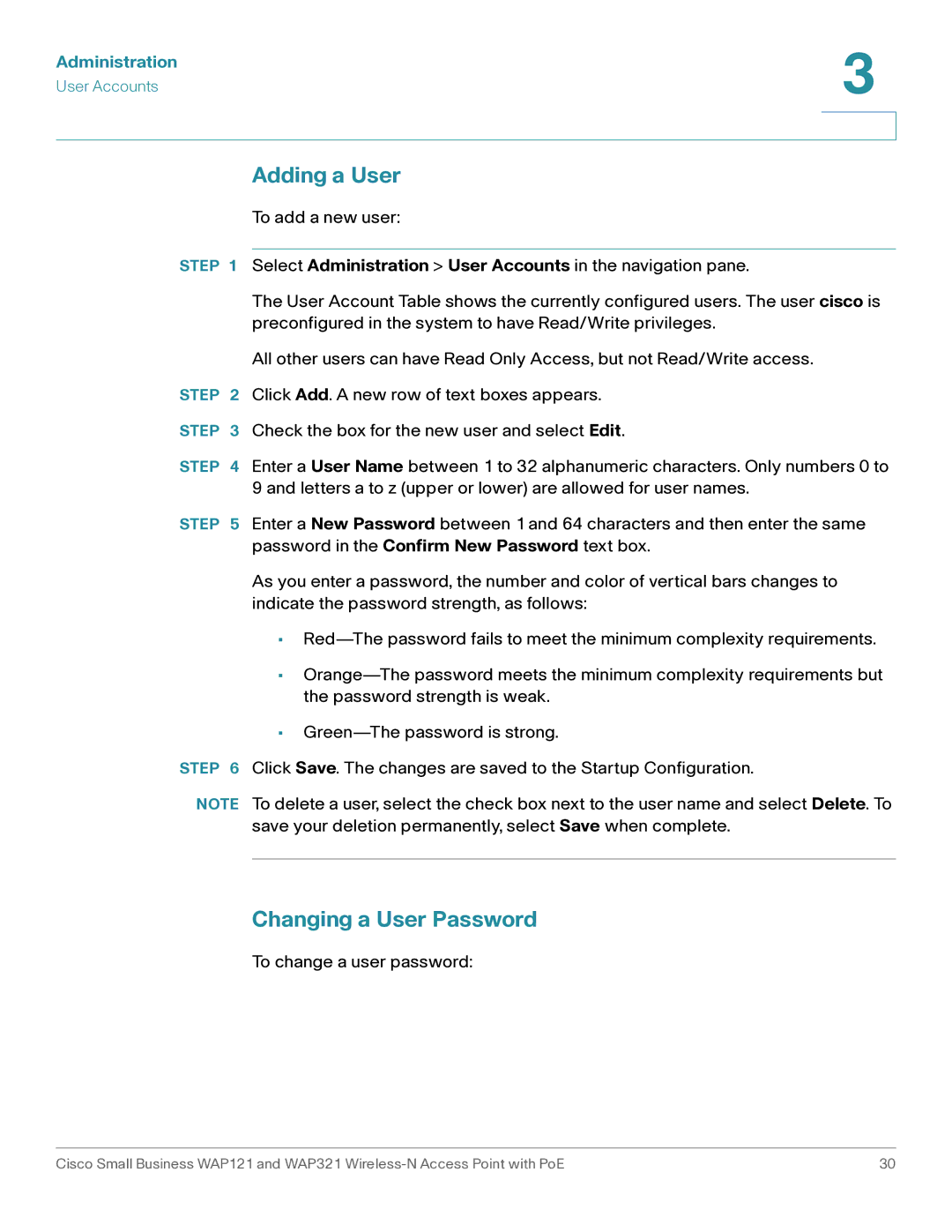 Cisco Systems WAP121, WAP321 manual Adding a User, Changing a User Password 