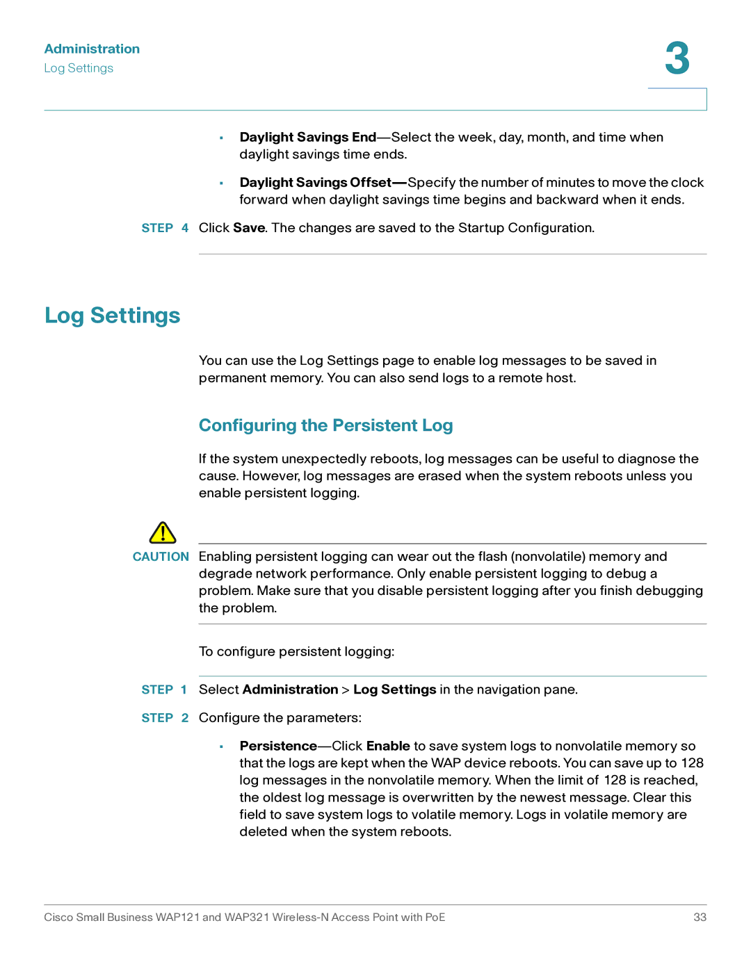 Cisco Systems WAP321, WAP121 manual Log Settings, Configuring the Persistent Log 