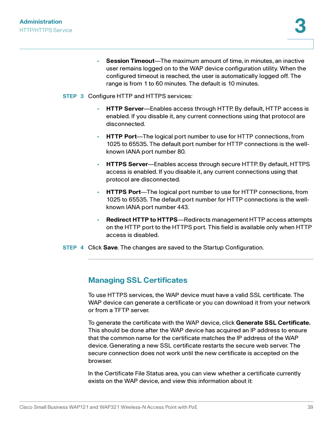 Cisco Systems WAP321, WAP121 manual Managing SSL Certificates 