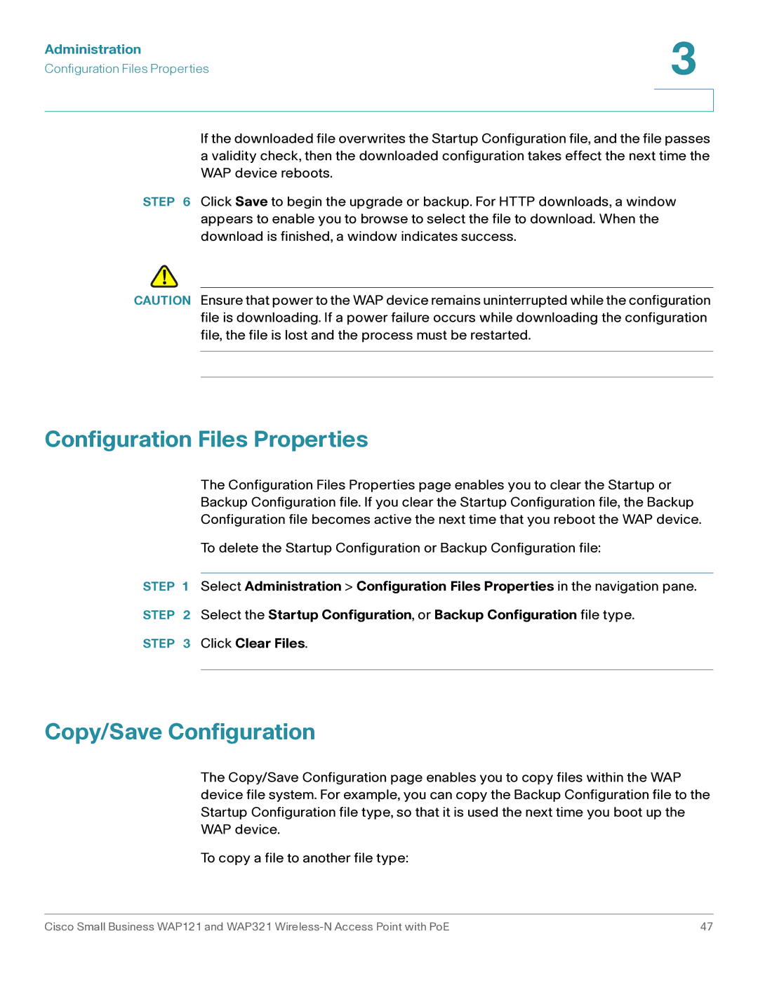 Cisco Systems WAP321, WAP121 manual Configuration Files Properties, Copy/Save Configuration 