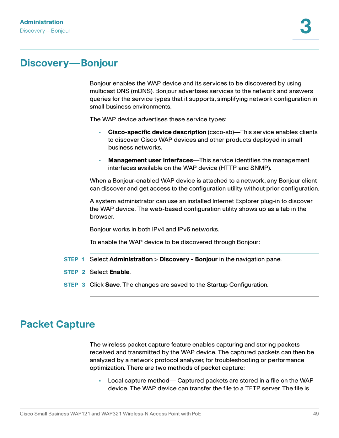 Cisco Systems WAP321, WAP121 manual Discovery-Bonjour, Packet Capture 