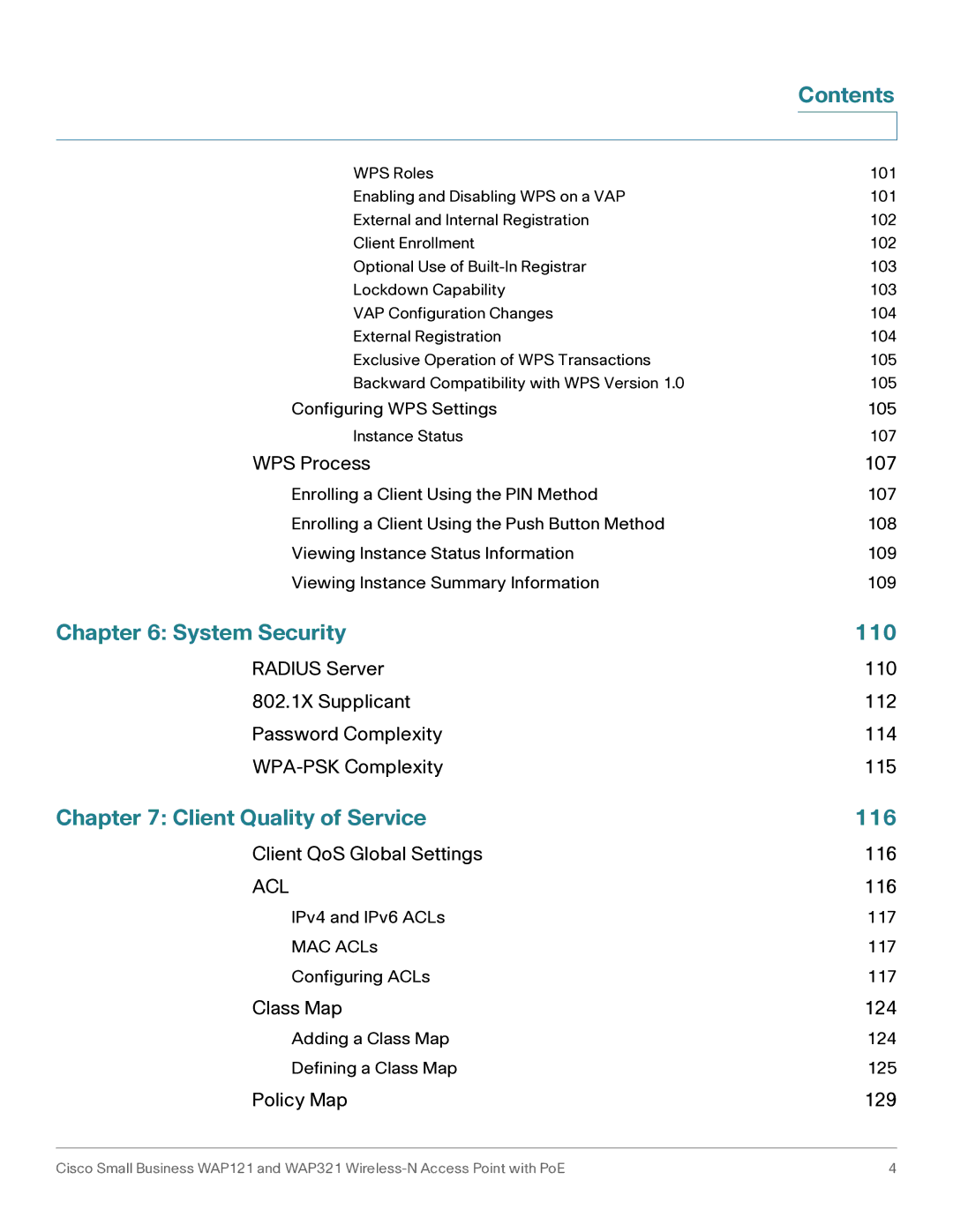 Cisco Systems WAP121, WAP321 manual System Security 110, Client Quality of Service 116 