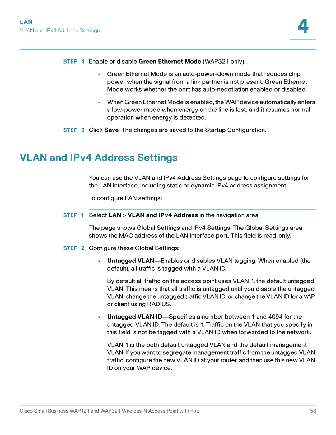 Cisco Systems WAP121, WAP321 manual Vlan and IPv4 Address Settings 