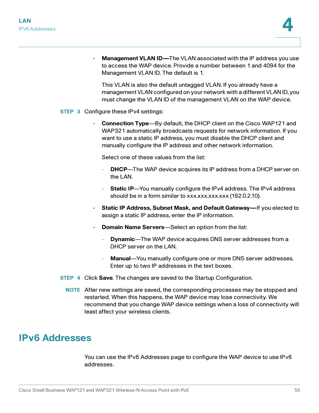 Cisco Systems WAP321, WAP121 manual IPv6 Addresses 