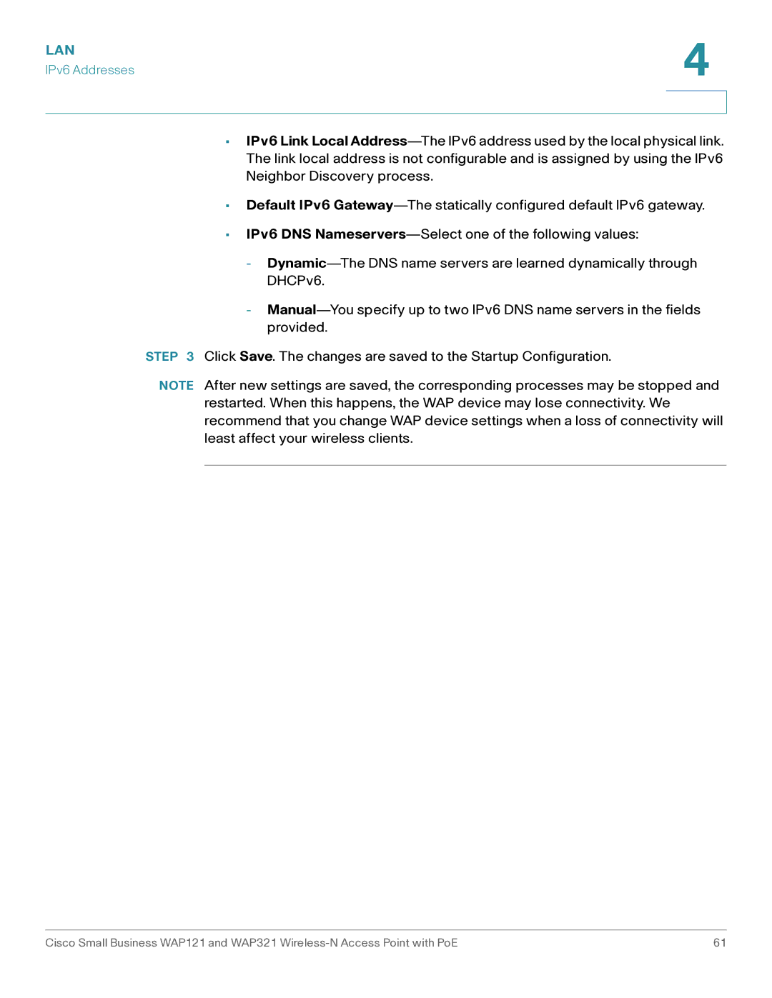 Cisco Systems WAP321, WAP121 manual Lan 