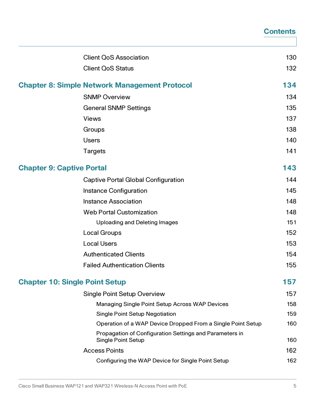 Cisco Systems WAP321, WAP121 manual Simple Network Management Protocol 134, Captive Portal 143, Single Point Setup 157 