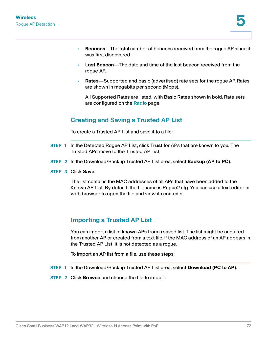 Cisco Systems WAP121, WAP321 manual Creating and Saving a Trusted AP List, Importing a Trusted AP List 