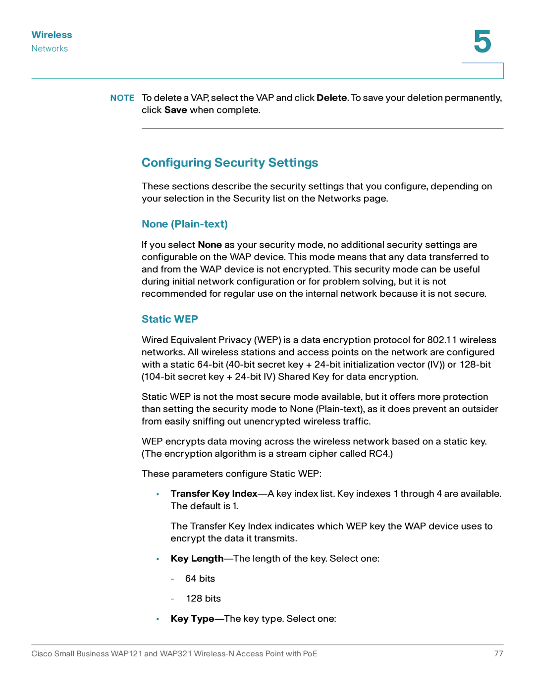 Cisco Systems WAP321, WAP121 manual Configuring Security Settings, None Plain-text, Static WEP 