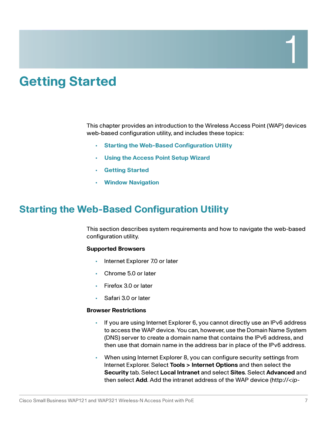 Cisco Systems WAP321, WAP121 manual Starting the Web-Based Configuration Utility, Supported Browsers, Browser Restrictions 