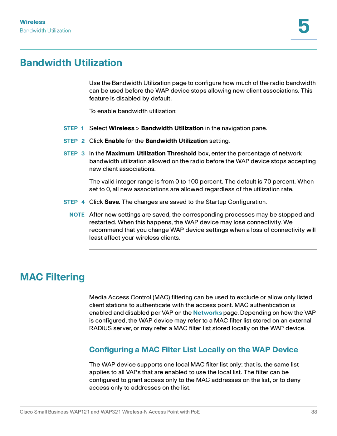 Cisco Systems WAP121, WAP321 Bandwidth Utilization, MAC Filtering, Configuring a MAC Filter List Locally on the WAP Device 