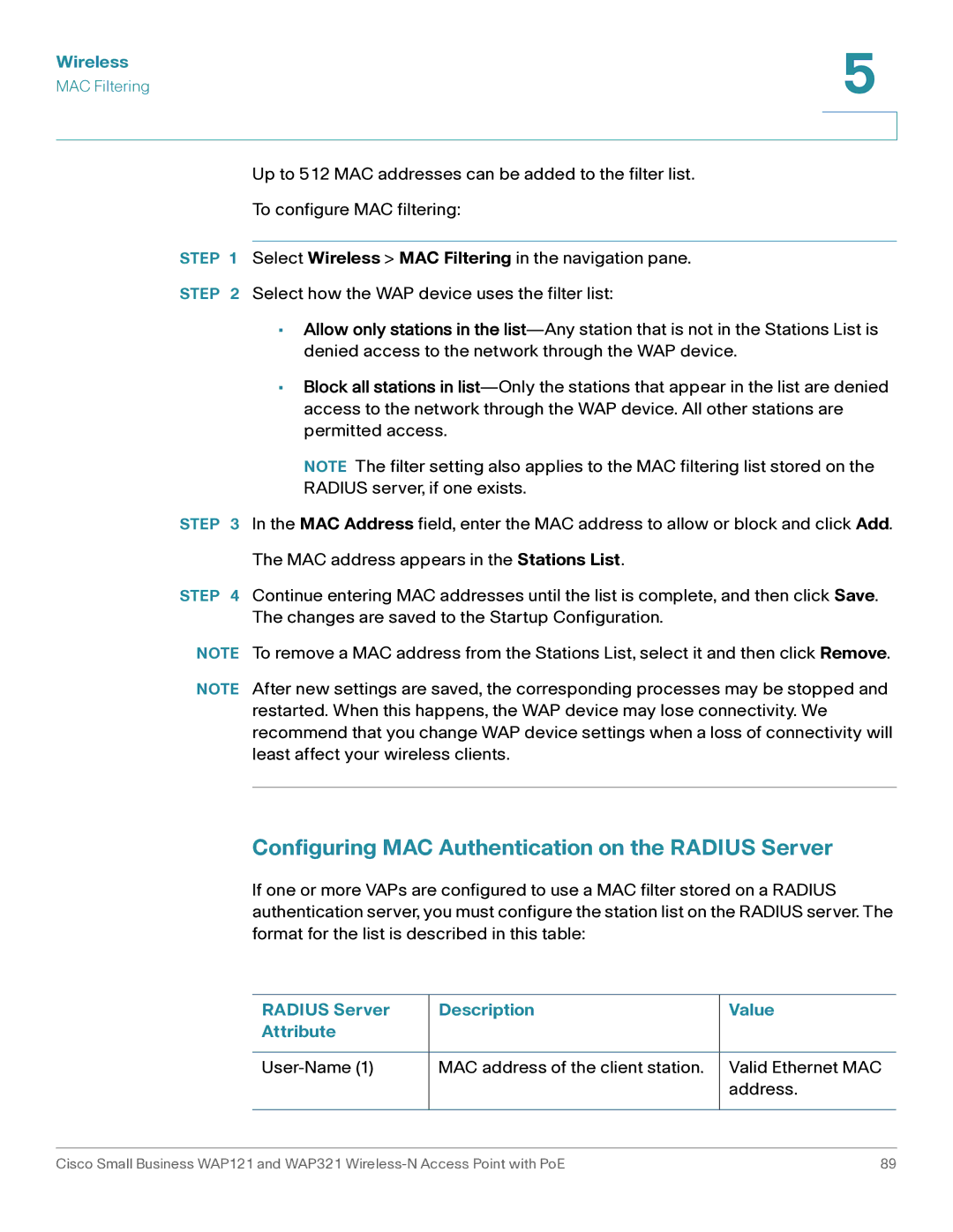 Cisco Systems WAP321 manual Configuring MAC Authentication on the Radius Server, Radius Server Description Value Attribute 