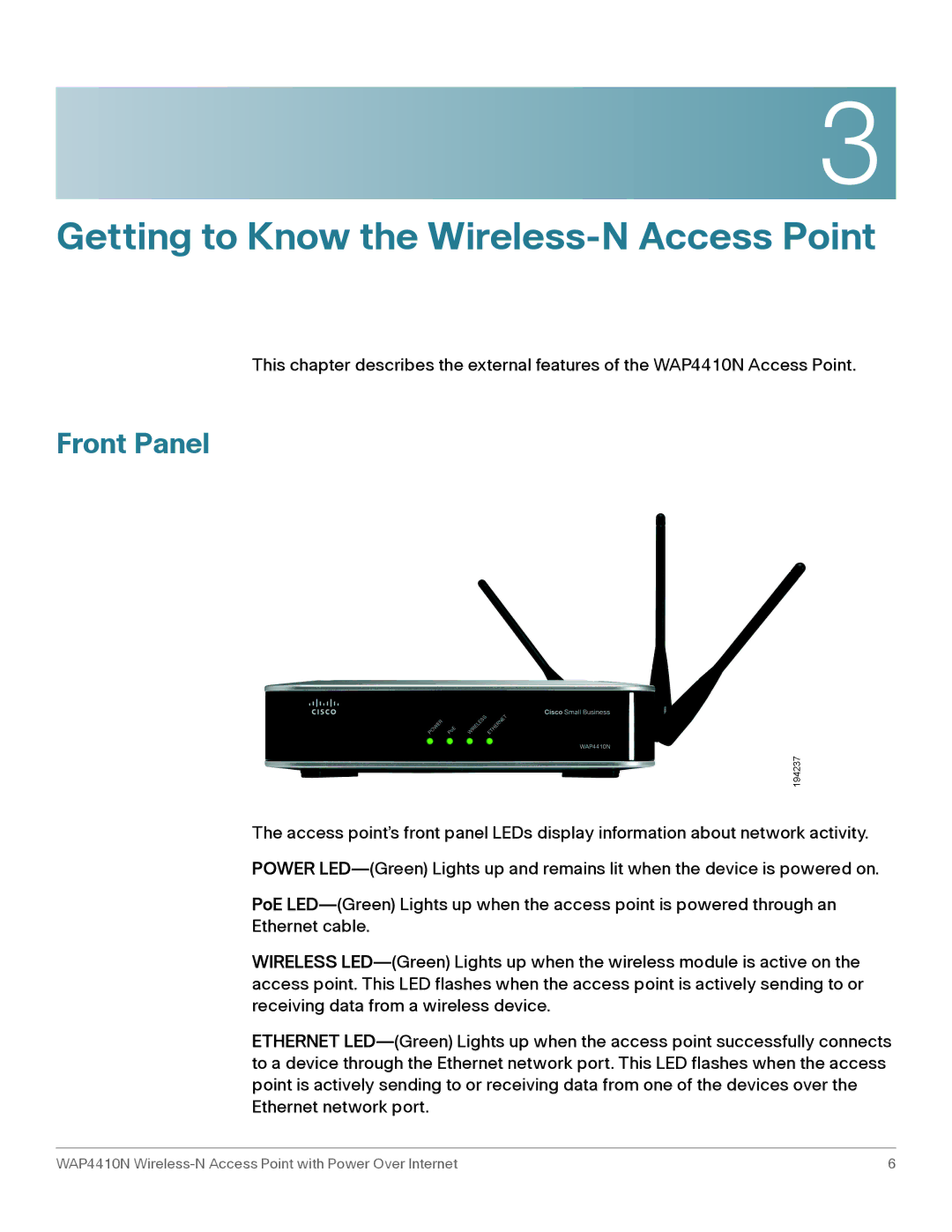 Cisco Systems WAP4410N manual Getting to Know the Wireless-N Access Point, Front Panel 