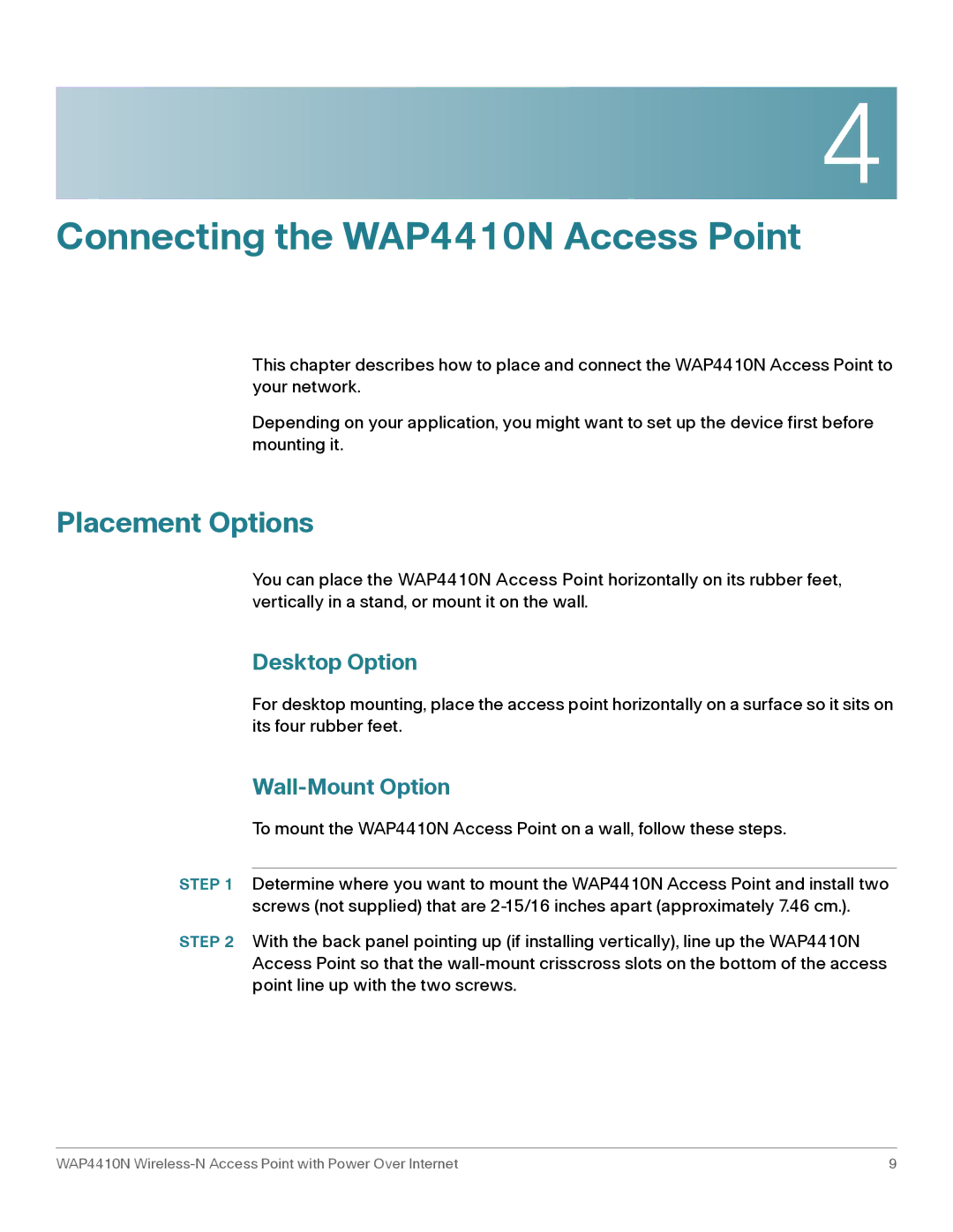 Cisco Systems WAP4410N manual Placement Options, Desktop Option, Wall-Mount Option 