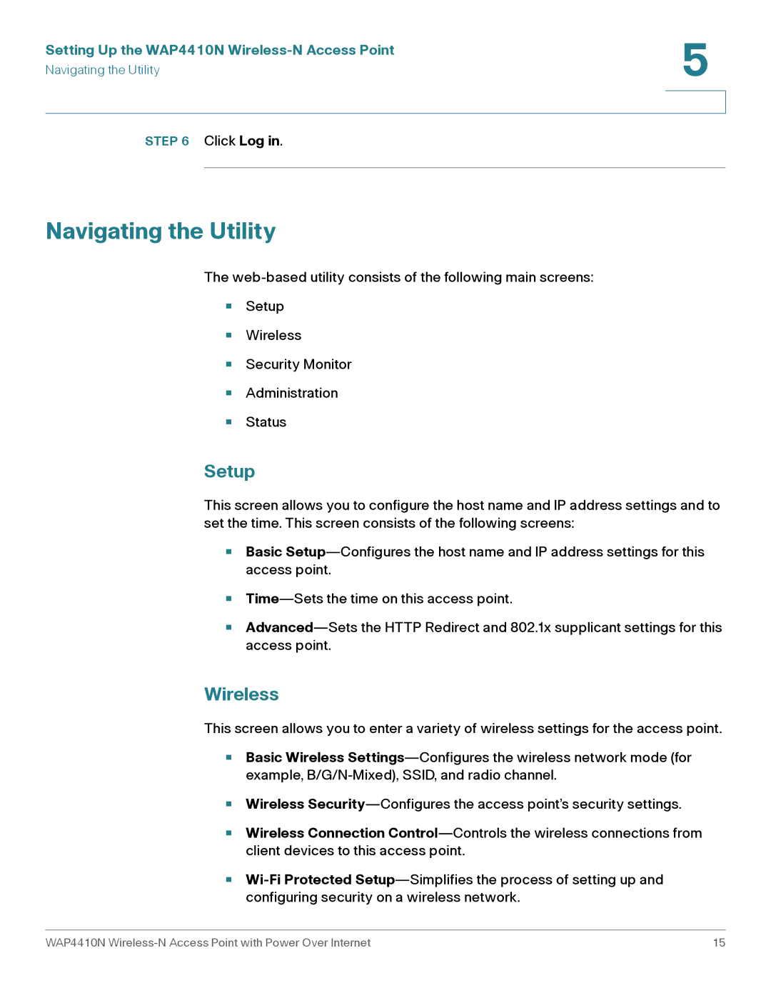 Cisco Systems WAP4410N manual Navigating the Utility, Setup, Wireless 