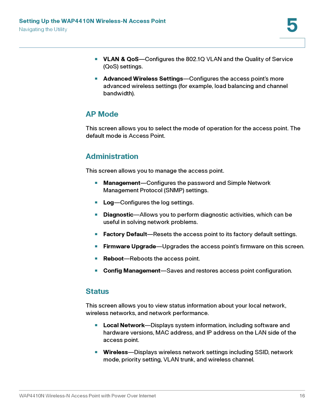 Cisco Systems WAP4410N manual AP Mode, Administration, Status 