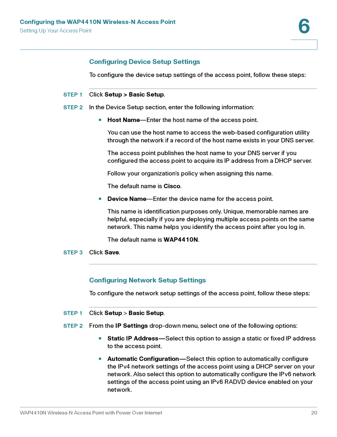 Cisco Systems WAP4410N Configuring Device Setup Settings, Configuring Network Setup Settings, Click Setup Basic Setup 