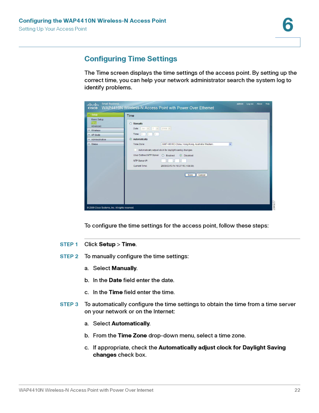 Cisco Systems WAP4410N manual Configuring Time Settings, Click Setup Time, Select Automatically 