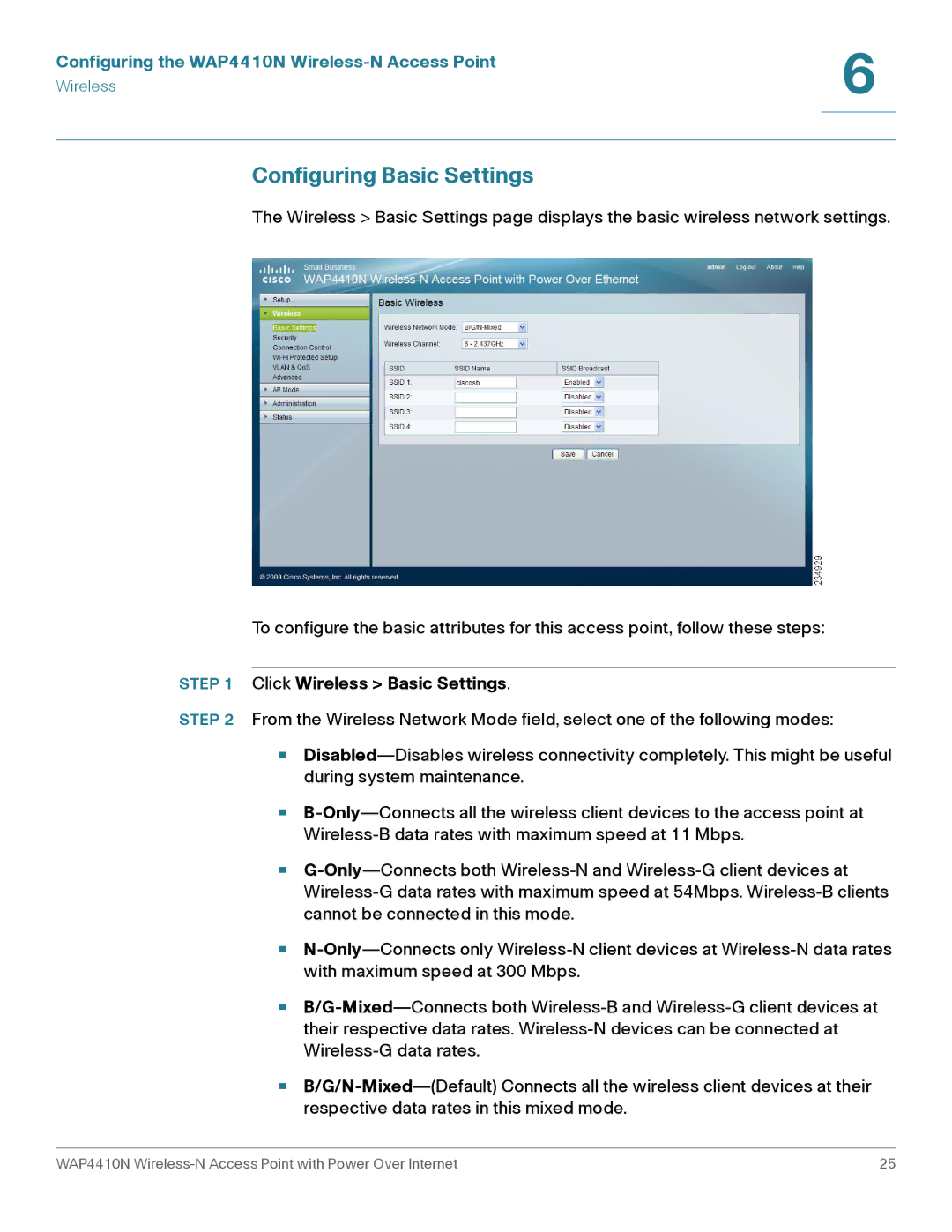 Cisco Systems WAP4410N manual Configuring Basic Settings, Click Wireless Basic Settings 