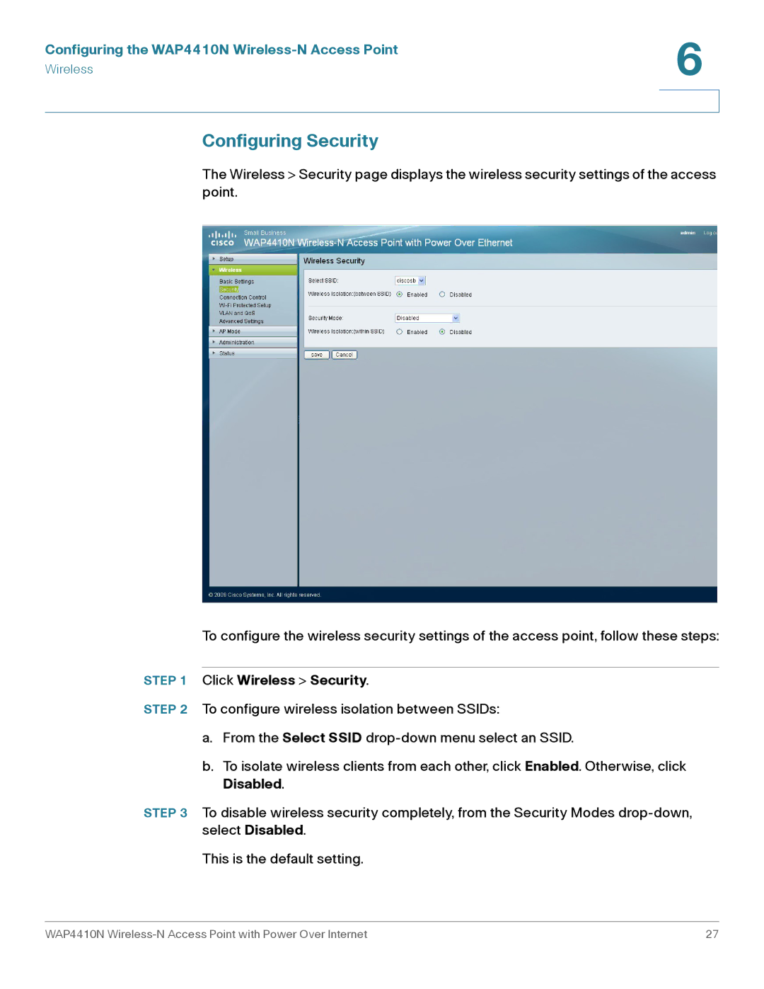 Cisco Systems WAP4410N manual Configuring Security, Click Wireless Security 