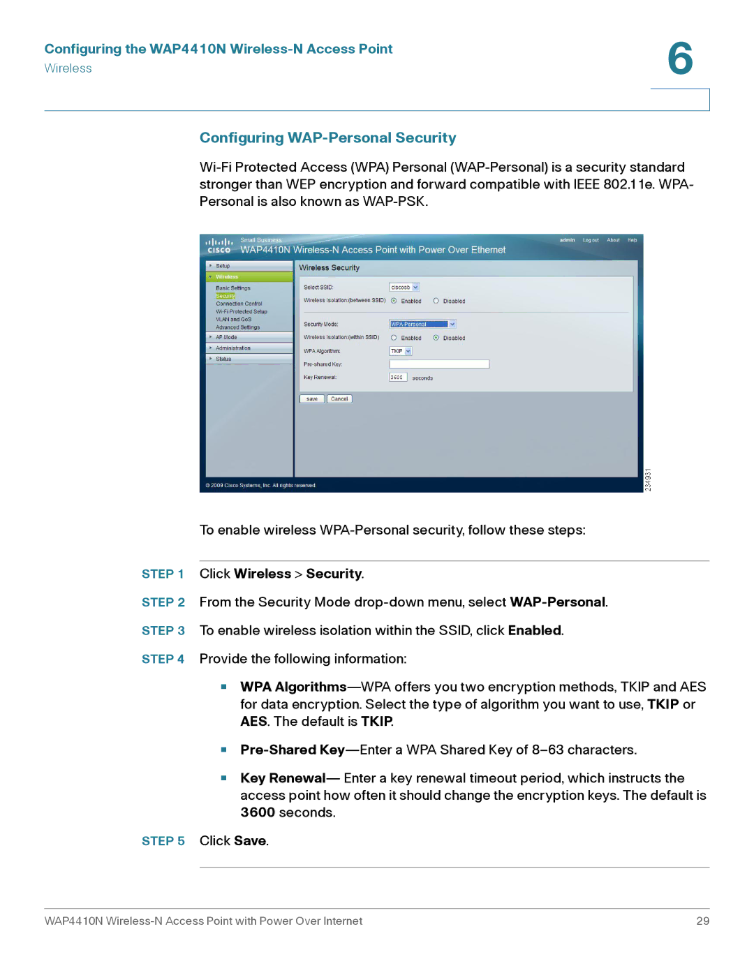 Cisco Systems WAP4410N manual Configuring WAP-Personal Security 