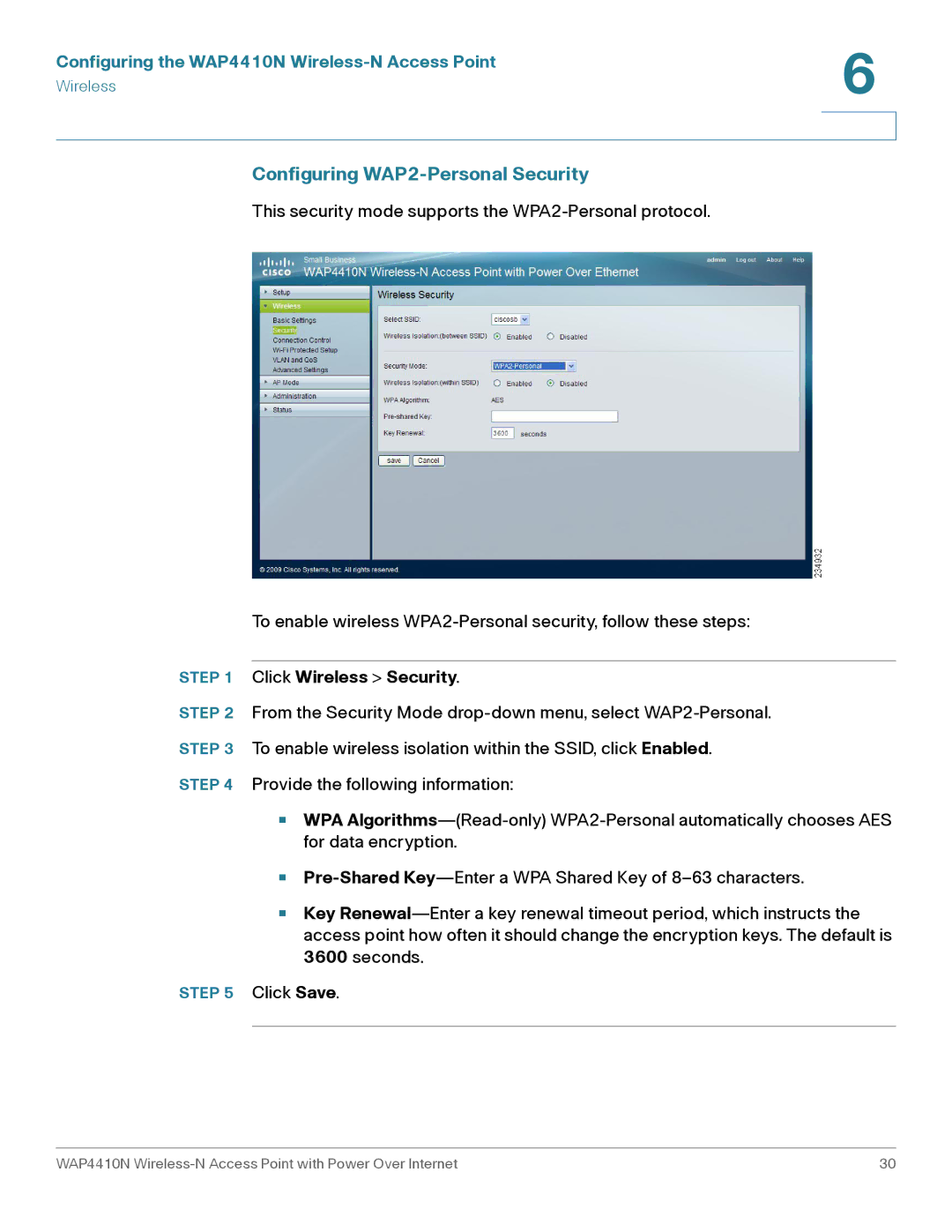 Cisco Systems WAP4410N manual Configuring WAP2-Personal Security 