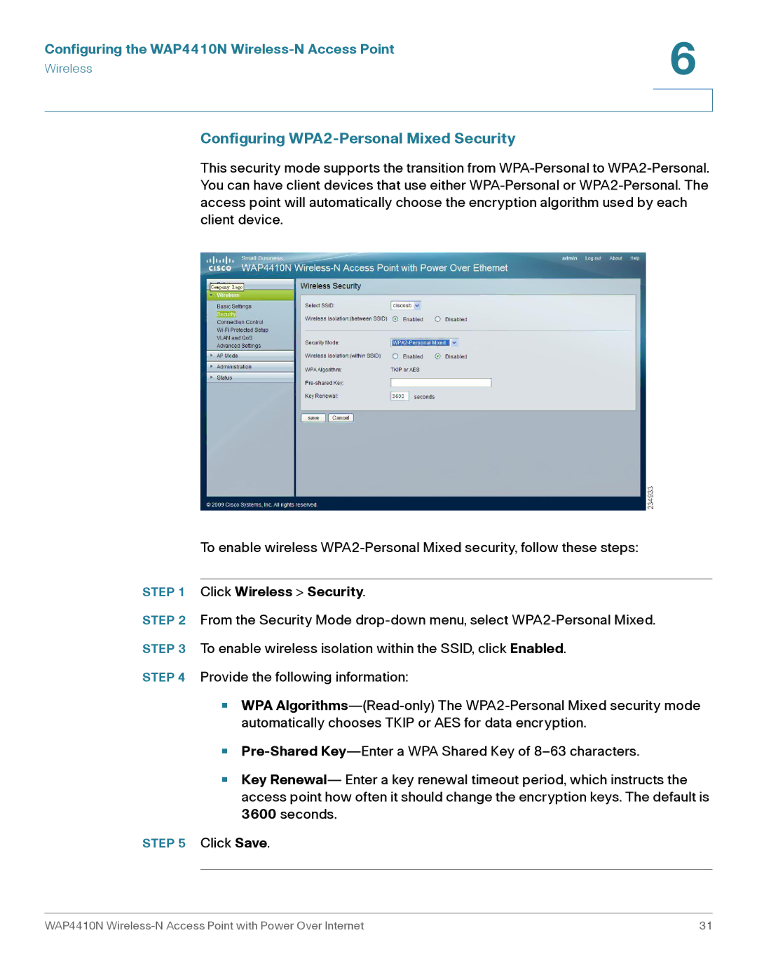 Cisco Systems WAP4410N manual Configuring WPA2-Personal Mixed Security 