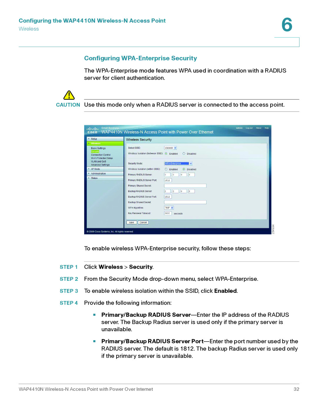 Cisco Systems WAP4410N manual Configuring WPA-Enterprise Security 