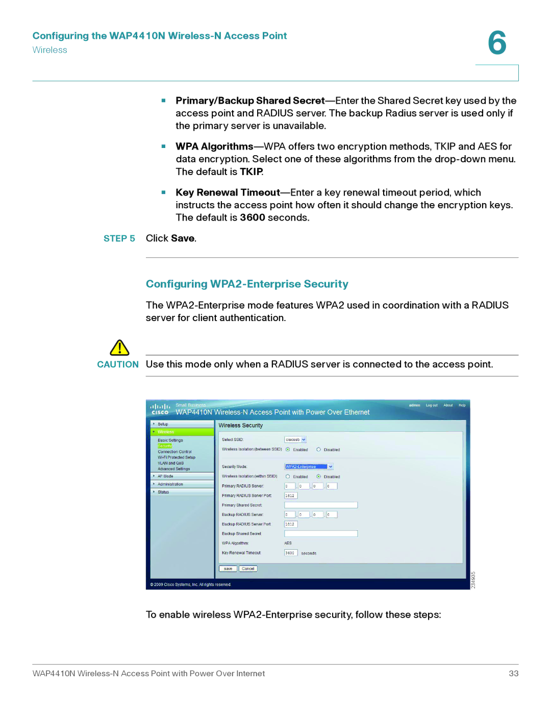 Cisco Systems WAP4410N manual Configuring WPA2-Enterprise Security 