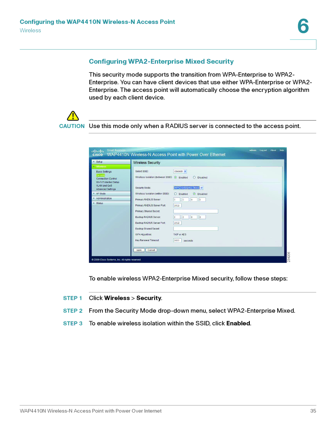 Cisco Systems WAP4410N manual Configuring WPA2-Enterprise Mixed Security 