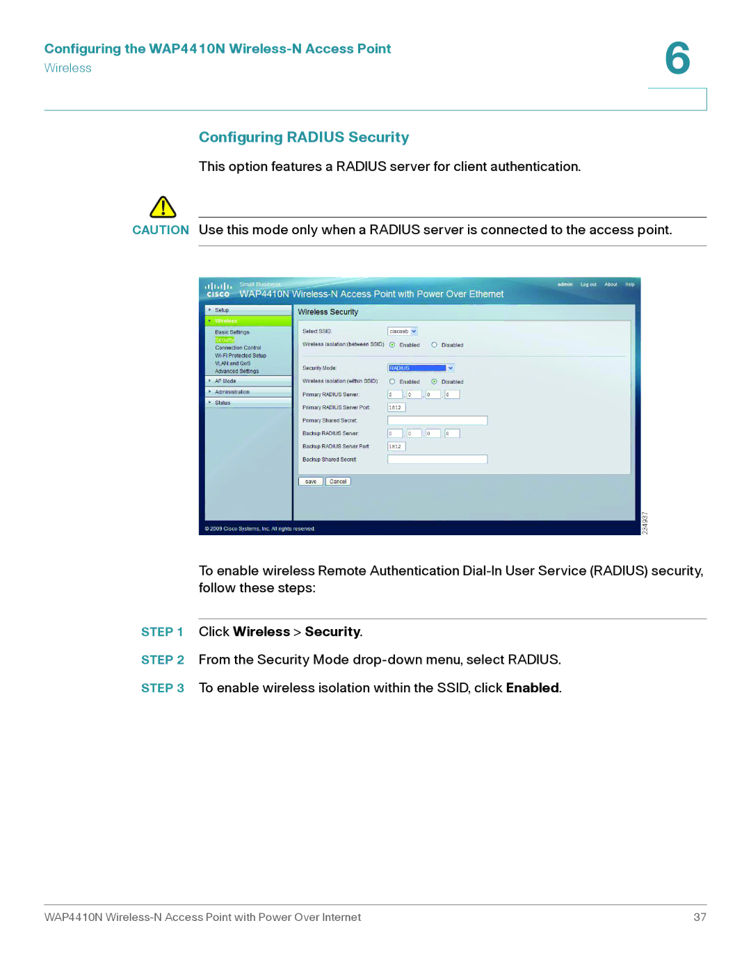 Cisco Systems WAP4410N manual Configuring Radius Security 