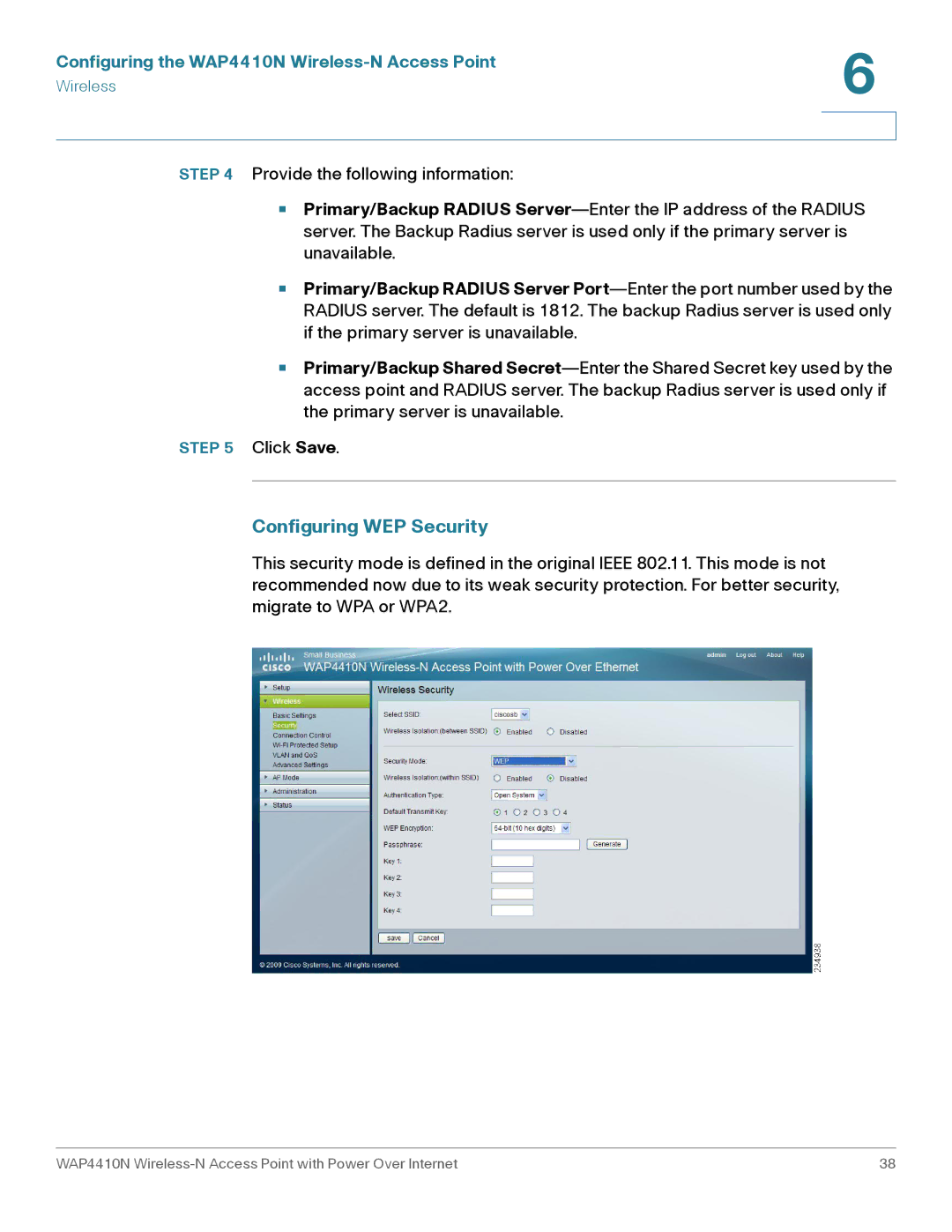 Cisco Systems WAP4410N manual Configuring WEP Security 