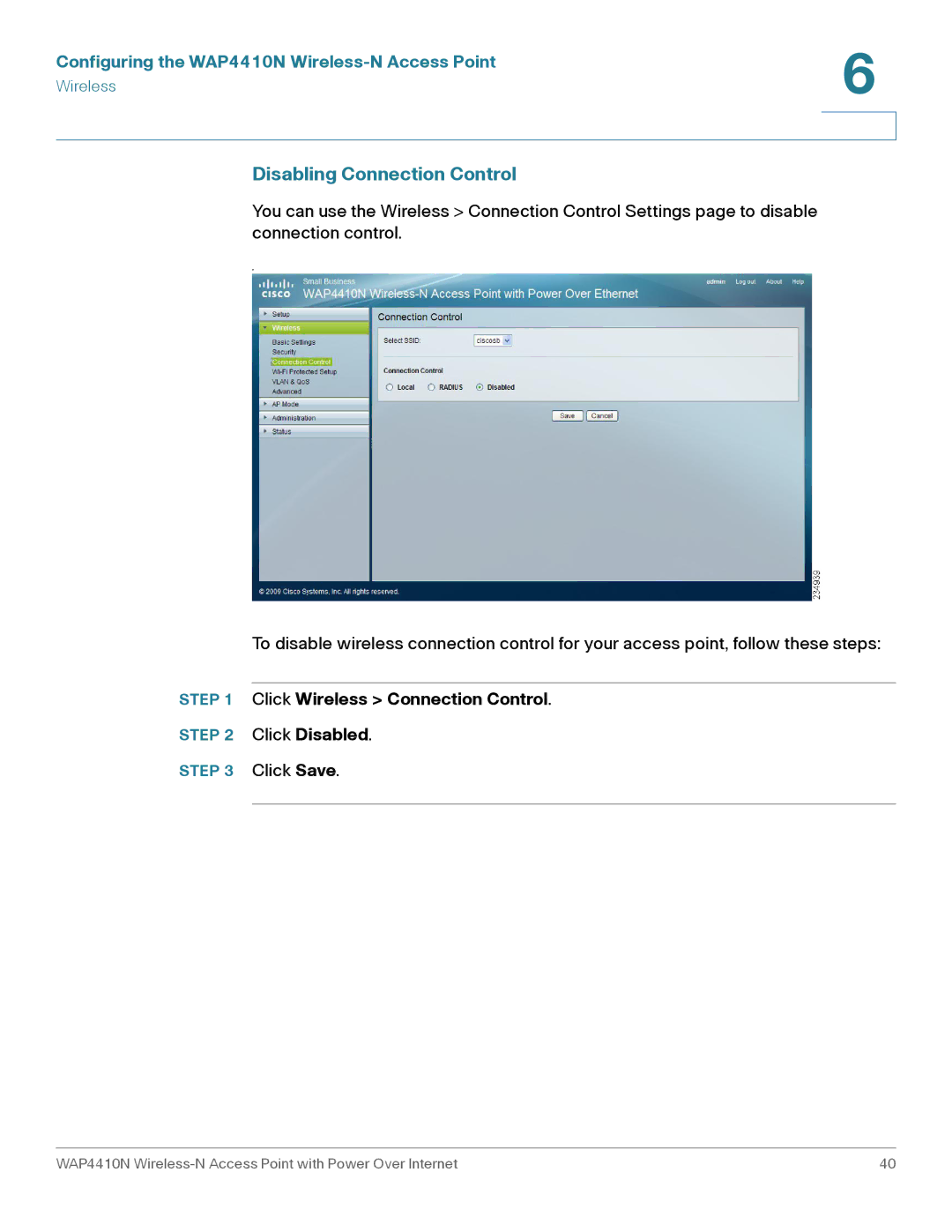 Cisco Systems WAP4410N manual Disabling Connection Control, Click Wireless Connection Control Click Disabled 