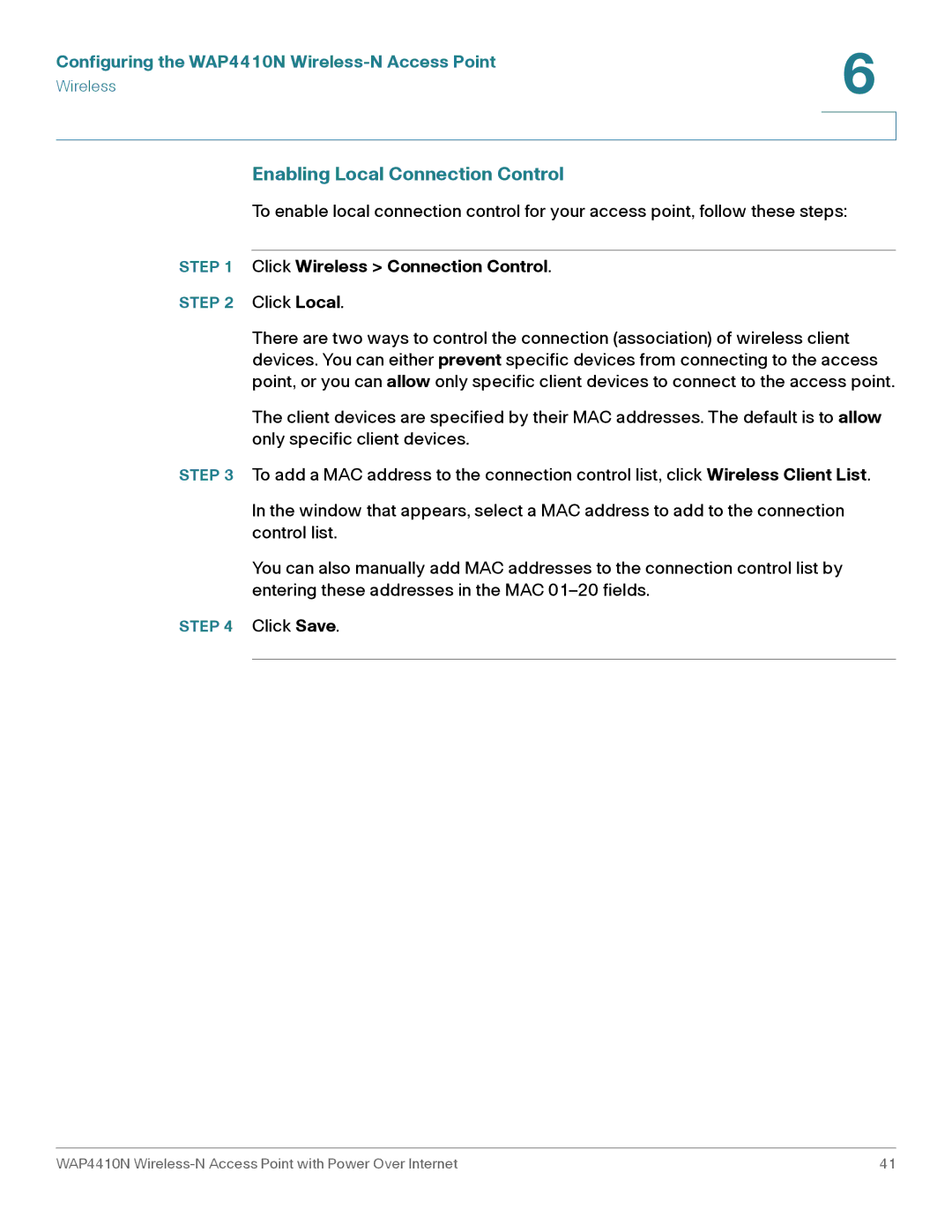 Cisco Systems WAP4410N manual Enabling Local Connection Control, Click Wireless Connection Control 