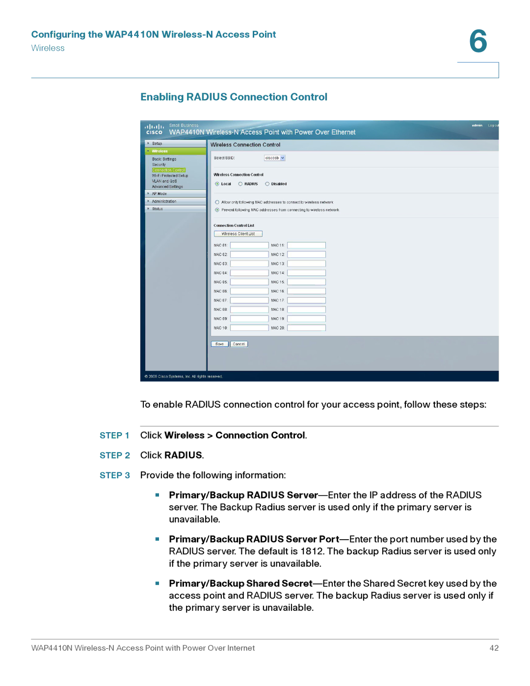 Cisco Systems WAP4410N manual Enabling Radius Connection Control 