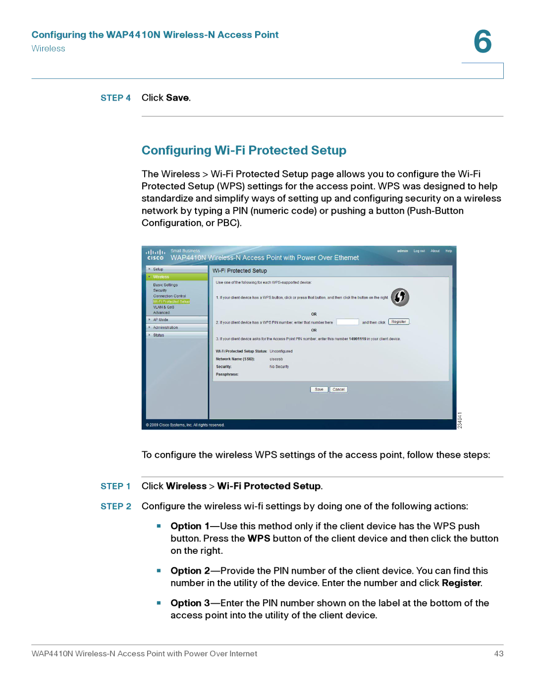 Cisco Systems WAP4410N manual Configuring Wi-Fi Protected Setup, Click Wireless Wi-Fi Protected Setup 