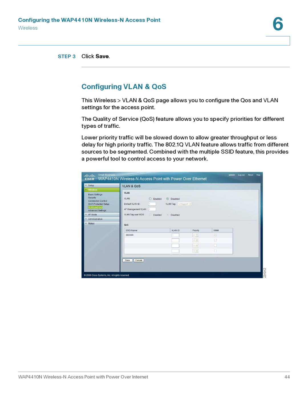 Cisco Systems WAP4410N manual Configuring Vlan & QoS 