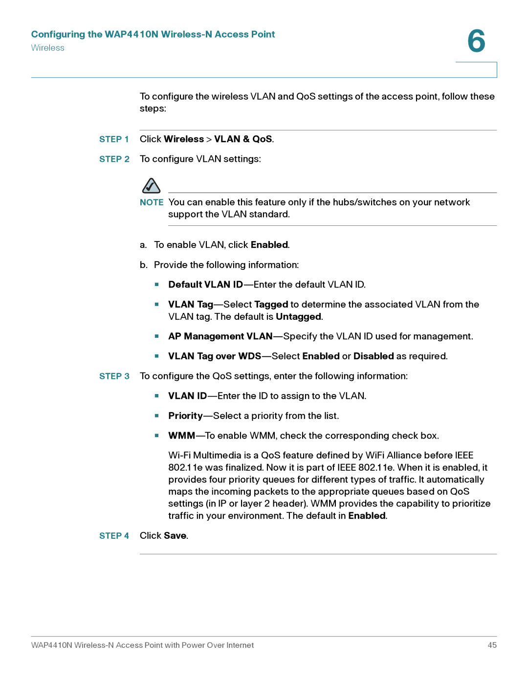 Cisco Systems WAP4410N manual Click Wireless Vlan & QoS, Vlan Tag over WDS-SelectEnabled or Disabled as required 