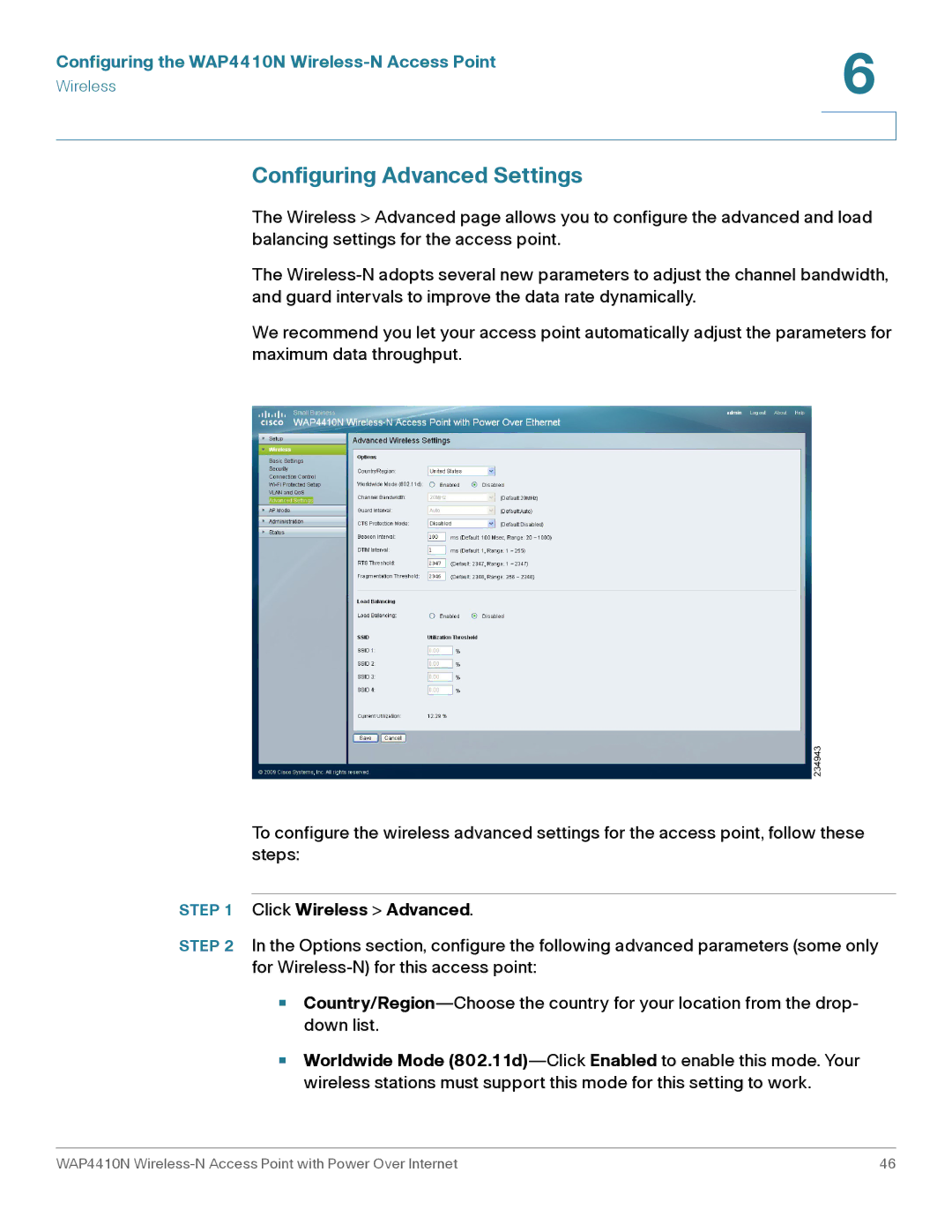 Cisco Systems WAP4410N manual Configuring Advanced Settings, Click Wireless Advanced 