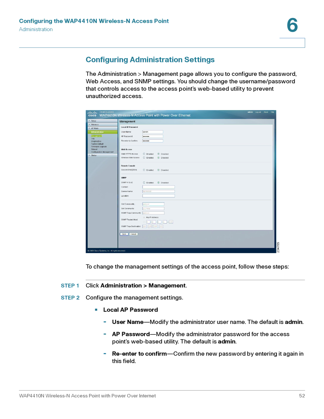 Cisco Systems WAP4410N manual Configuring Administration Settings, Click Administration Management, Local AP Password 