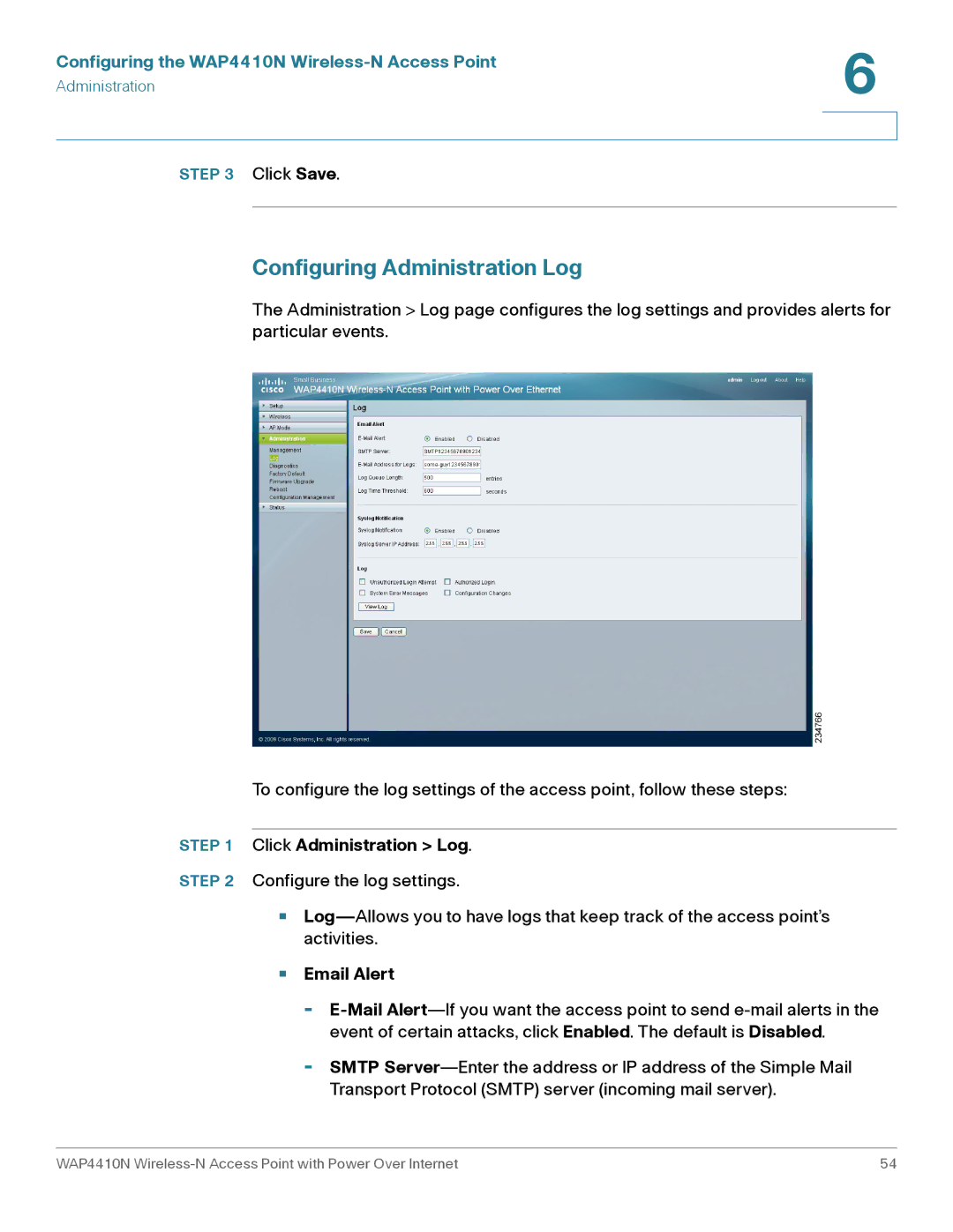 Cisco Systems WAP4410N manual Configuring Administration Log, Click Administration Log, Email Alert 