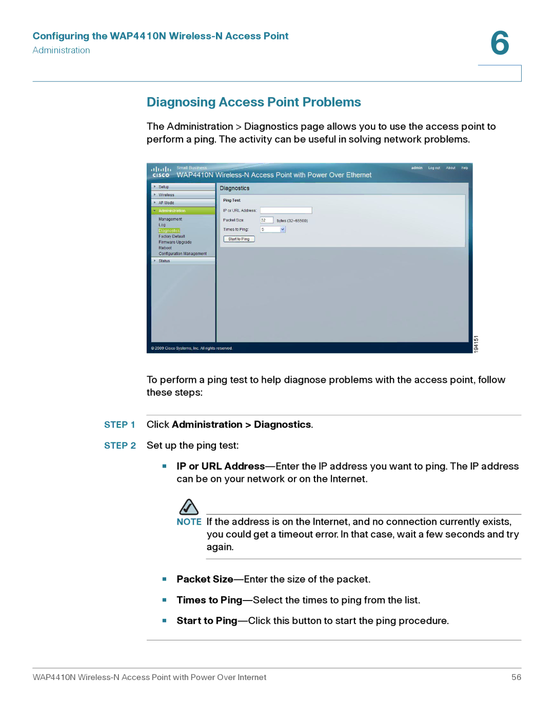 Cisco Systems WAP4410N manual Diagnosing Access Point Problems, Click Administration Diagnostics 