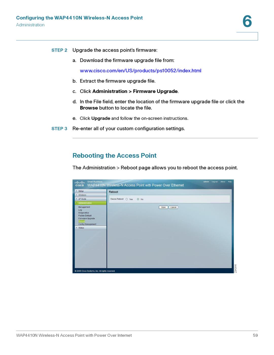 Cisco Systems WAP4410N manual Rebooting the Access Point, Click Administration Firmware Upgrade 