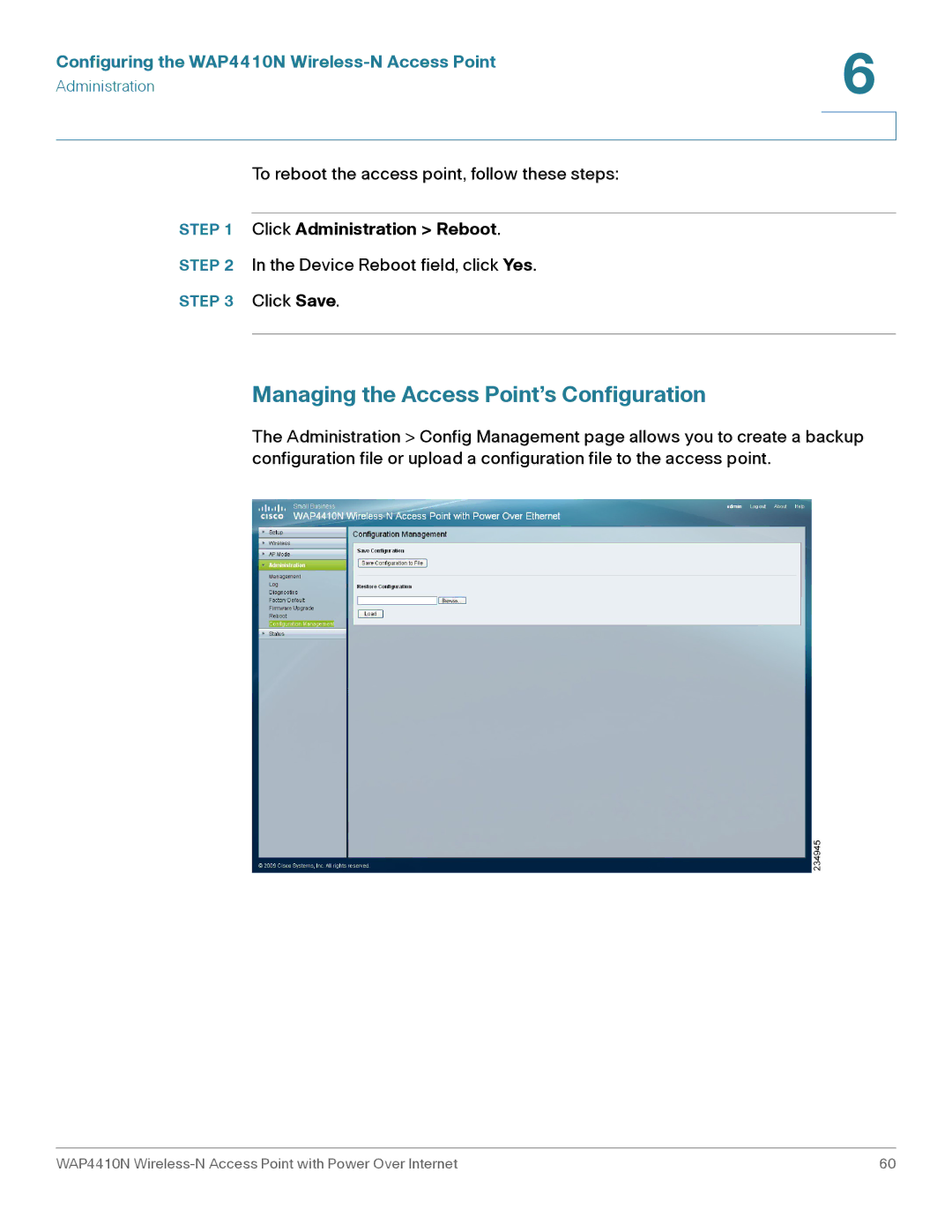 Cisco Systems WAP4410N manual Managing the Access Point’s Configuration, Click Administration Reboot 